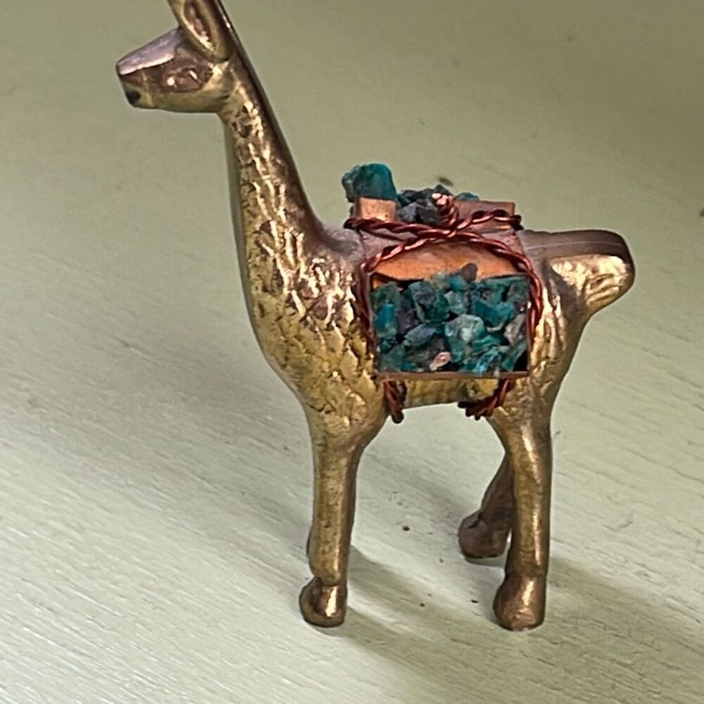 Brass llama turquoise cargo copper saddle figurine.